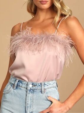 Lulus So Much Luxe Blush Satin Feather Tank Top